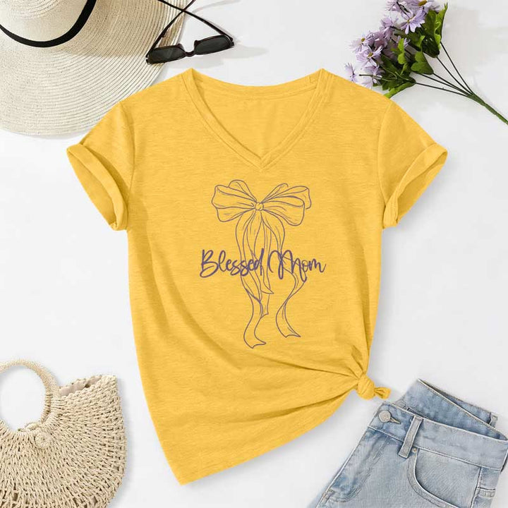 Christianartworkshop Blessed Mom Bow Graphic Casual V-neck T-shirt - Yellow - 2XL - image 8
