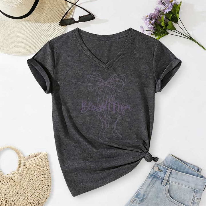 Christianartworkshop Blessed Mom Bow Graphic Casual V-neck T-shirt - Dark Grey - 2XL - image 20
