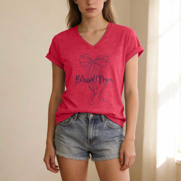 Christianartworkshop Blessed Mom Bow Graphic Casual V-neck T-shirt - image 23