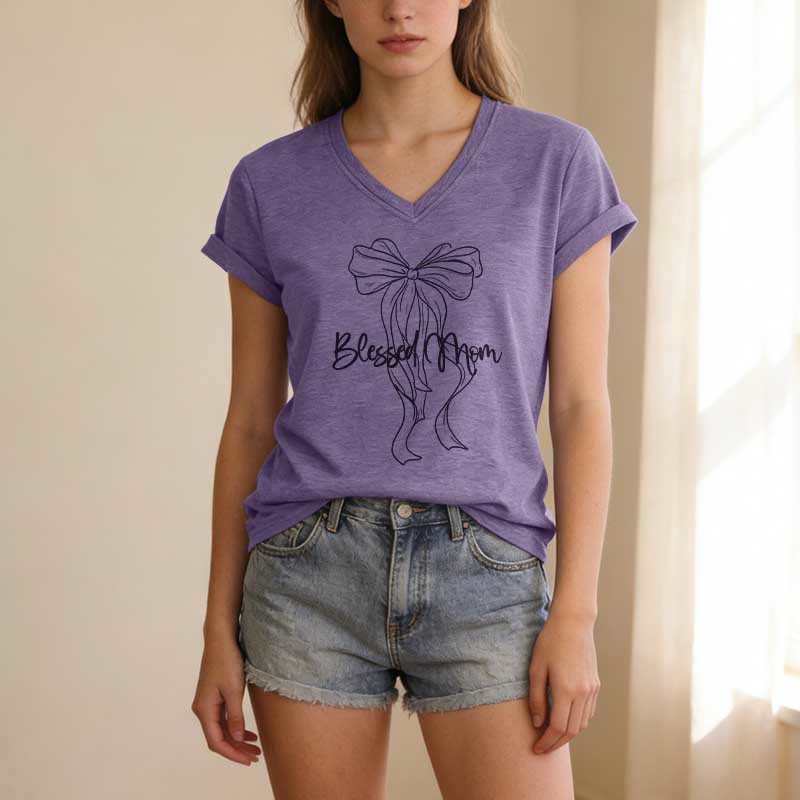 Christianartworkshop Blessed Mom Bow Graphic Casual V-neck T-shirt - image 1