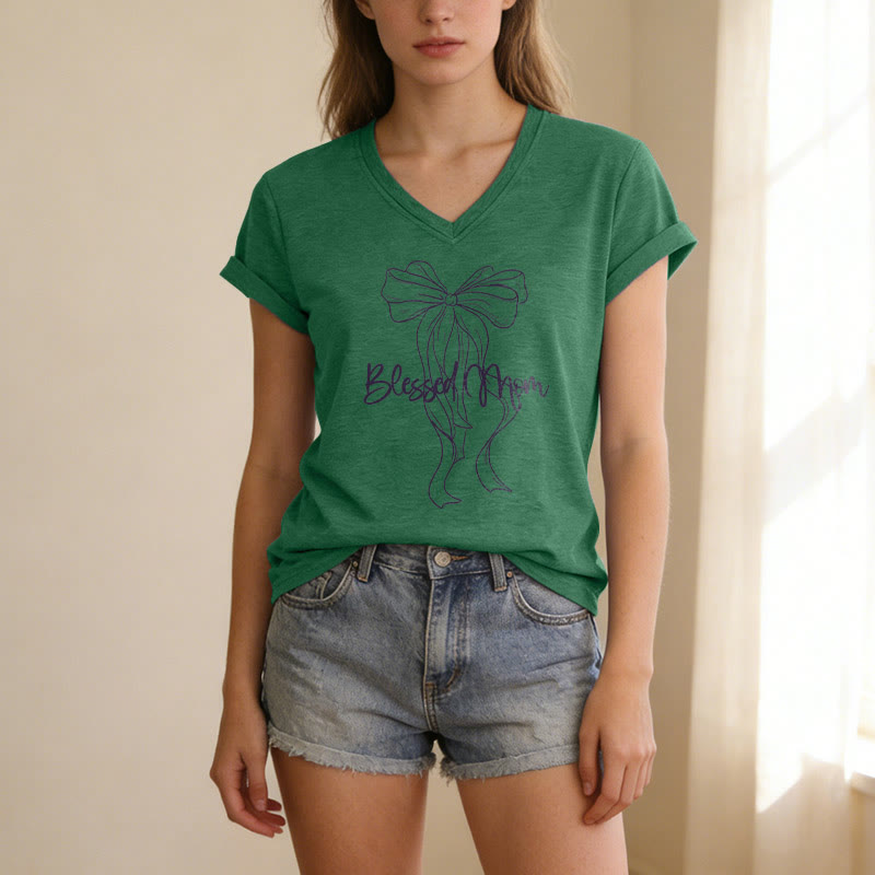 Christianartworkshop Blessed Mom Bow Graphic Casual V-neck T-shirt - image 17
