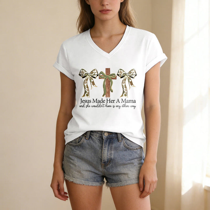Christianartworkshop Jesus Made Her A Mama Cross Bow Casual V-neck T-shirt - image 5