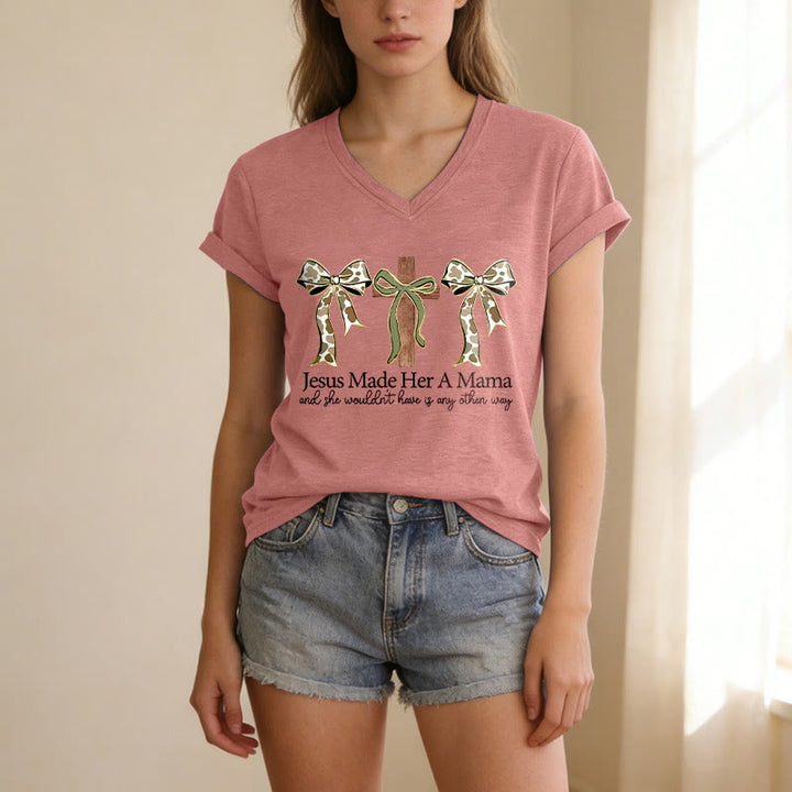 Christianartworkshop Jesus Made Her A Mama Cross Bow Casual V-neck T-shirt - image 11