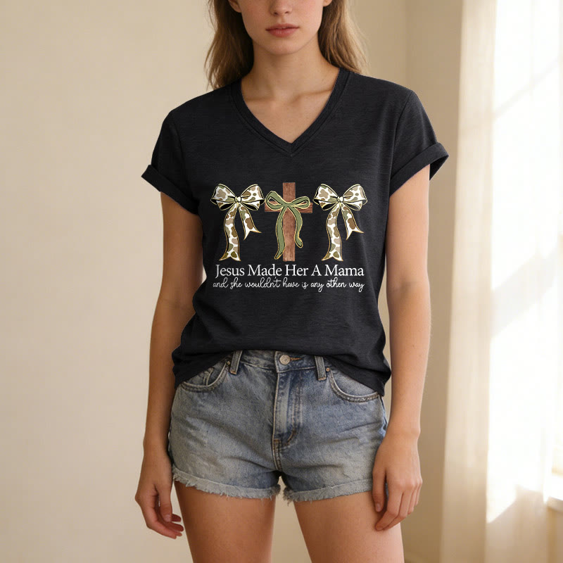Christianartworkshop Jesus Made Her A Mama Cross Bow Casual V-neck T-shirt - image 13