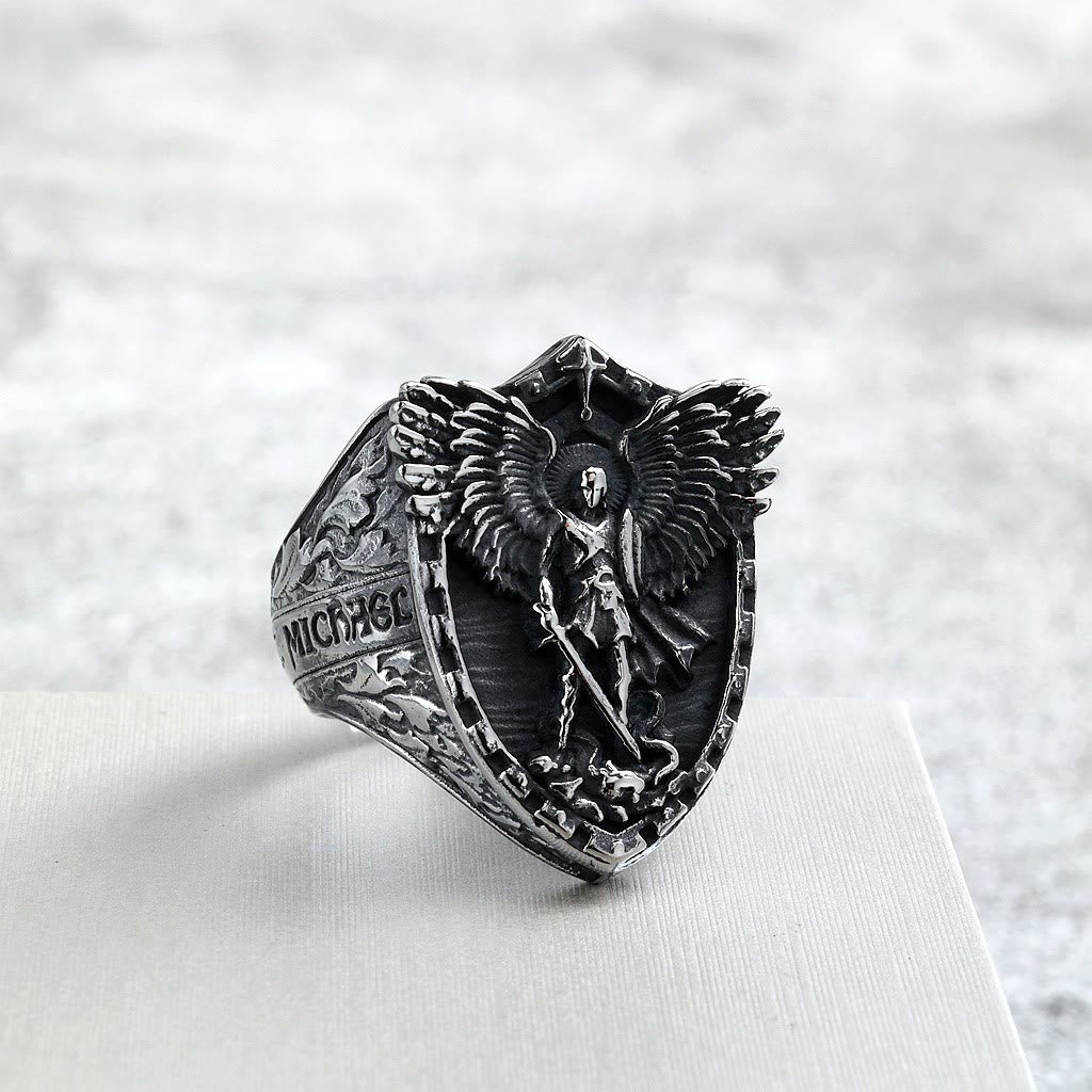 Christianartworkshop Shield Archangel St. Michael Ring: Two Tone Option Sacred Guardian Faith Finger Jewelry - image 6