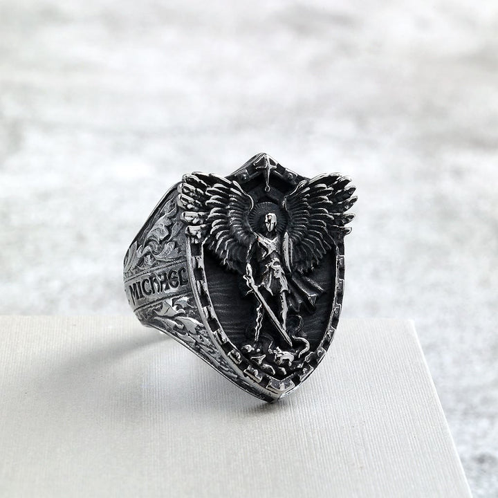 Christianartworkshop Shield Archangel St. Michael Ring: Two Tone Option Sacred Guardian Faith Finger Jewelry - image 6
