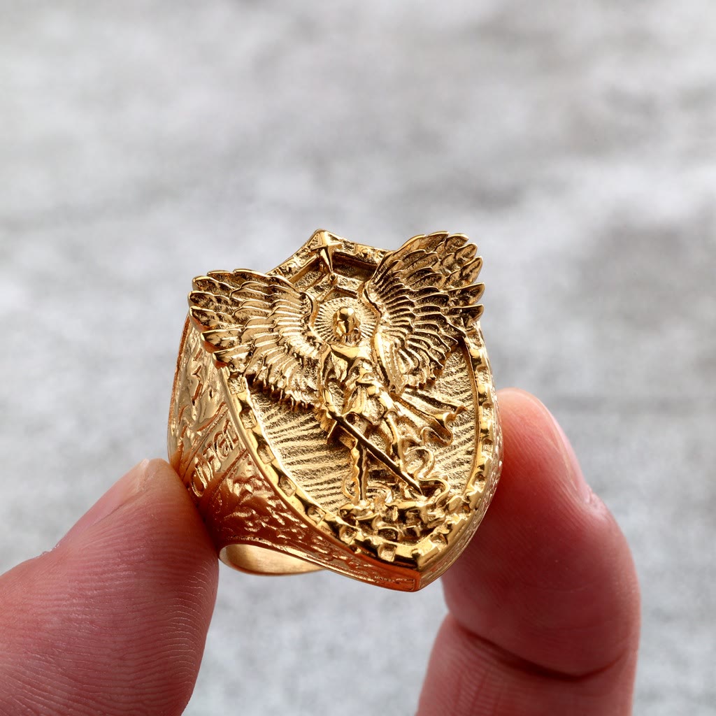 Christianartworkshop Shield Archangel St. Michael Ring: Two Tone Option Sacred Guardian Faith Finger Jewelry - image 3