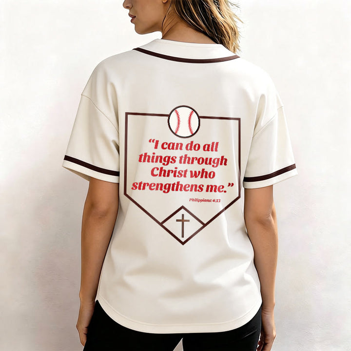 Christianartworkshop Philippians 4:13 Faith Baseball Jersey: Baseball Cross Motto Strength Devotion Athletic Shirt - image 9