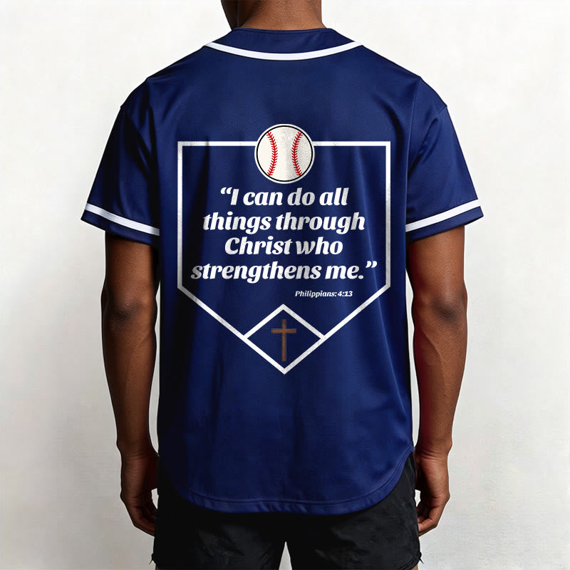 Christianartworkshop Philippians 4:13 Faith Baseball Jersey: Baseball Cross Motto Strength Devotion Athletic Shirt - image 1