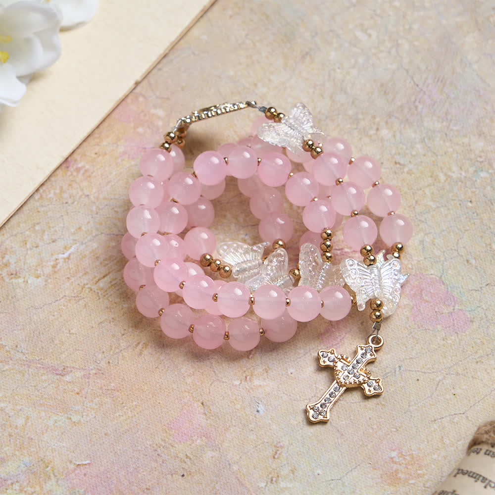 Christianartworkshop Soft Pink Glass Butterfly Rosary with Sparkling Our Lady & Cross - image 4
