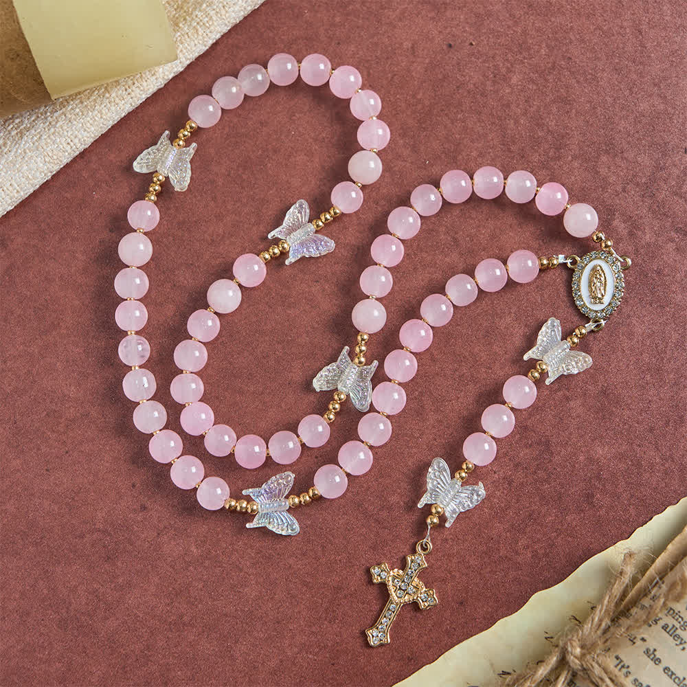 Christianartworkshop Soft Pink Glass Butterfly Rosary with Sparkling Our Lady & Cross - image 2