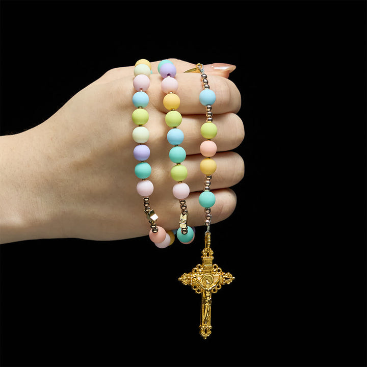 Christianartworkshop Multicolor Pastel Rosary with Golden Star Spacers & Our Lady Heart Locket - image 1