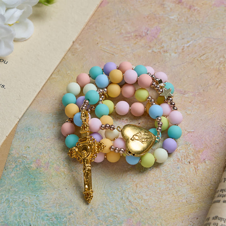 Christianartworkshop Multicolor Pastel Rosary with Golden Star Spacers & Our Lady Heart Locket - image 2
