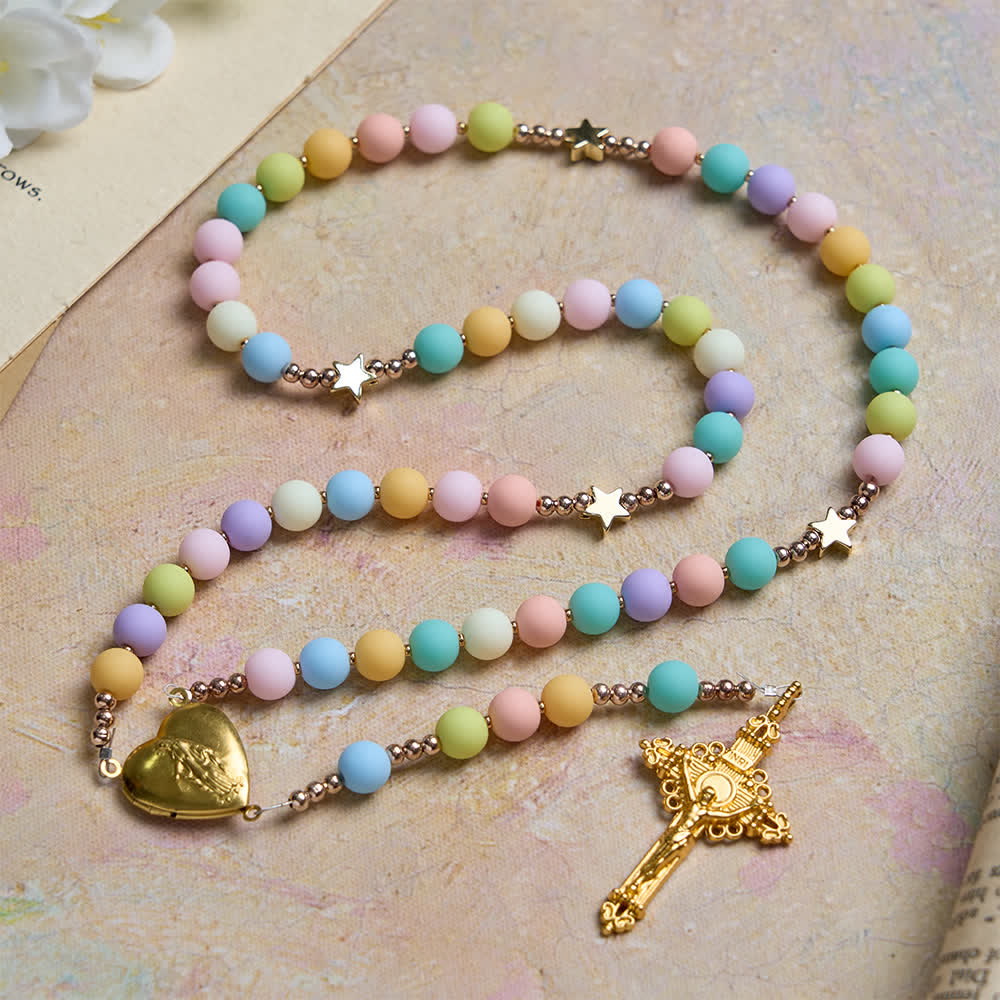 Christianartworkshop Multicolor Pastel Rosary with Golden Star Spacers & Our Lady Heart Locket - image 3