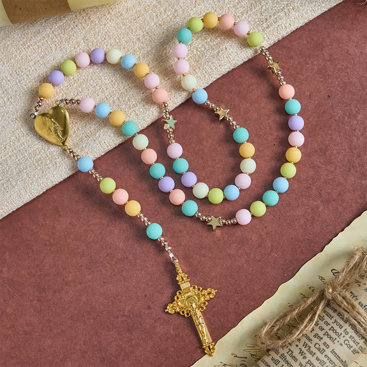Christianartworkshop Multicolor Pastel Rosary with Golden Star Spacers & Our Lady Heart Locket - image 4