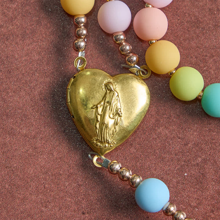 Christianartworkshop Multicolor Pastel Rosary with Golden Star Spacers & Our Lady Heart Locket - image 5