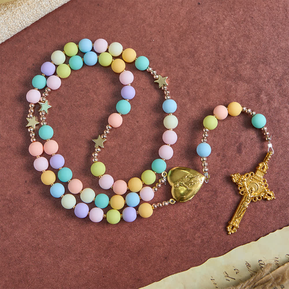 Christianartworkshop Multicolor Pastel Rosary with Golden Star Spacers & Our Lady Heart Locket - Our Lady & Crucifix - image 0