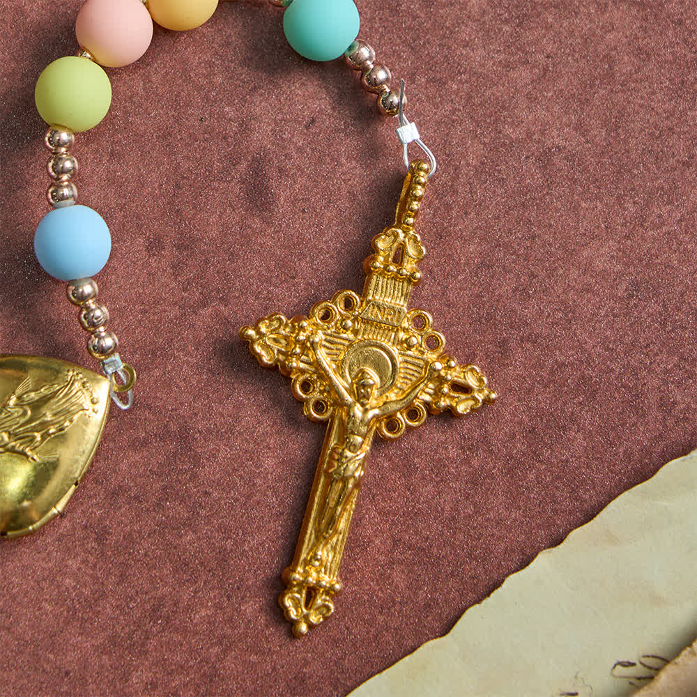 Christianartworkshop Multicolor Pastel Rosary with Golden Star Spacers & Our Lady Heart Locket - image 7
