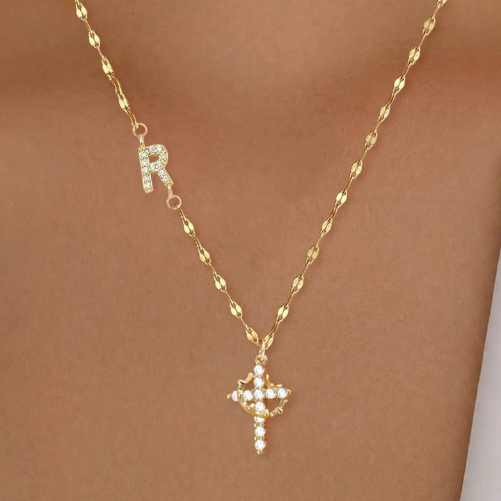 Christianartworkshop Golden & Silver-Tone Personalized A-Z Initial Crown Cross Necklace: Custom Sacred Faith Monogram Pendant Jewelry - R - Golden - image 20