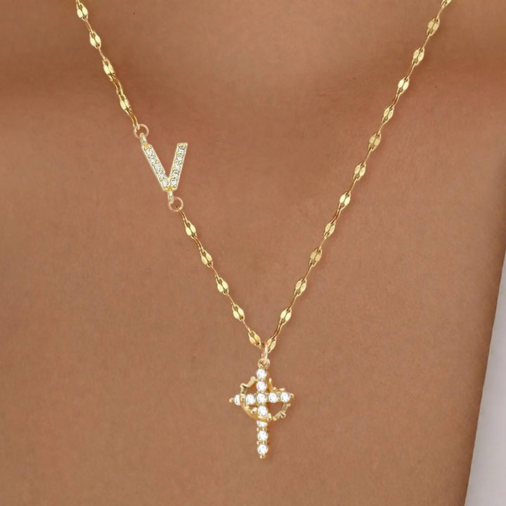 Christianartworkshop Golden & Silver-Tone Personalized A-Z Initial Crown Cross Necklace: Custom Sacred Faith Monogram Pendant Jewelry - V - Golden - image 24
