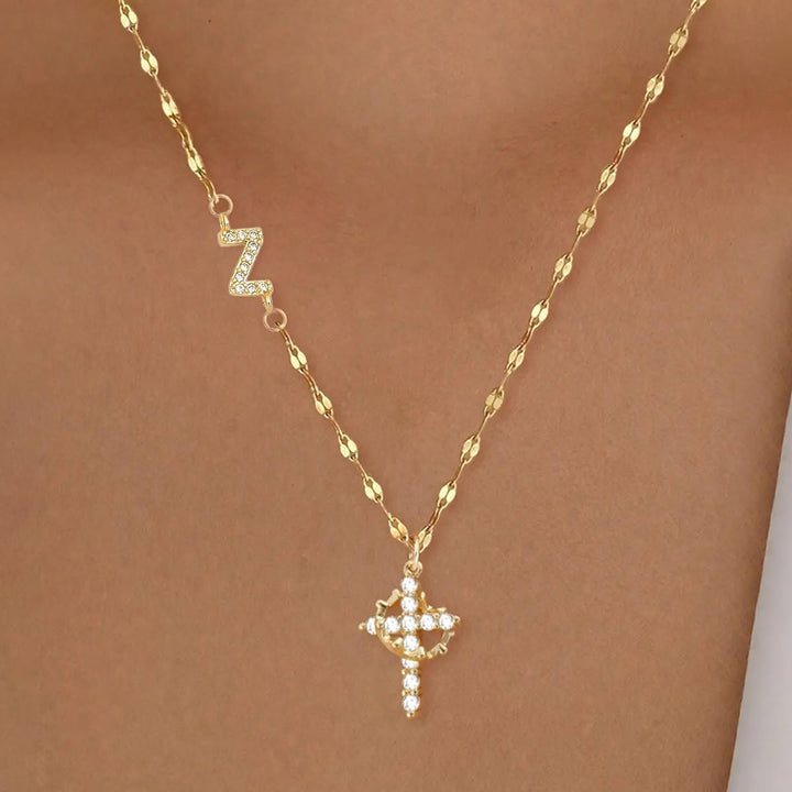 Christianartworkshop Golden & Silver-Tone Personalized A-Z Initial Crown Cross Necklace: Custom Sacred Faith Monogram Pendant Jewelry - Z - Golden - image 28