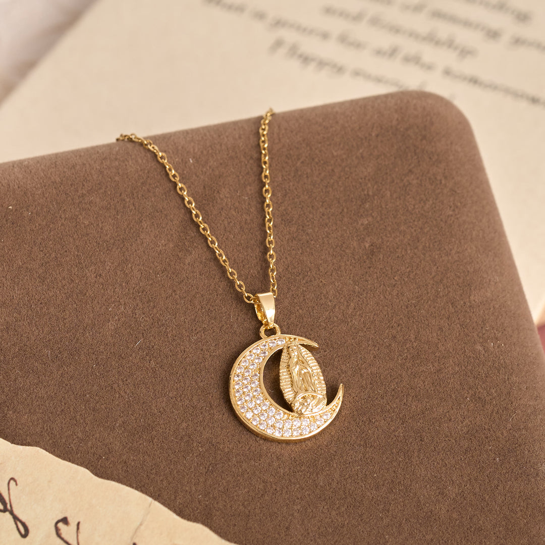 Christianartworkshop Crescent Moon Our Lady Zircon Necklace: Marian Grace Sacred Faith Pendant Jewelry - image 1