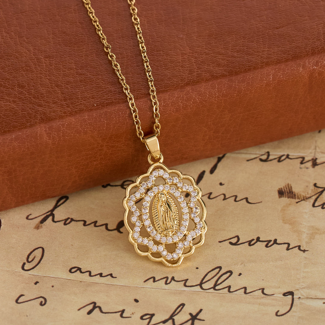Christianartworkshop Ornate Lace-Edged Our Lady Zircon Necklace: Timeless Symbol Of Heavenly Maternal Protection - Our Lady - image 0
