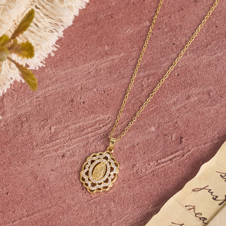 Christianartworkshop Ornate Lace-Edged Our Lady Zircon Necklace: Timeless Symbol Of Heavenly Maternal Protection - image 4