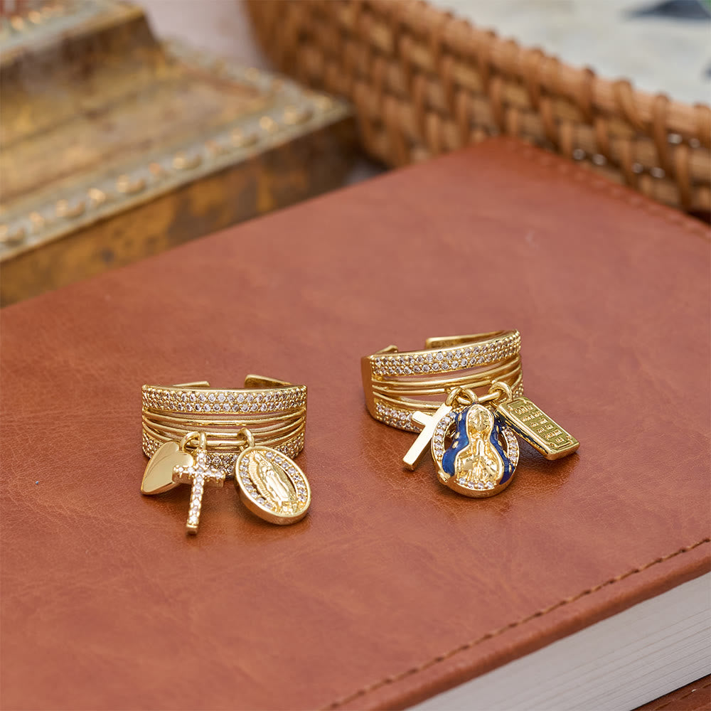Christianartworkshop Zircon Virgin Mary Cross & Heart Charm Open Ring: A Symbol of Marian Grace and Sacred Love - image 1