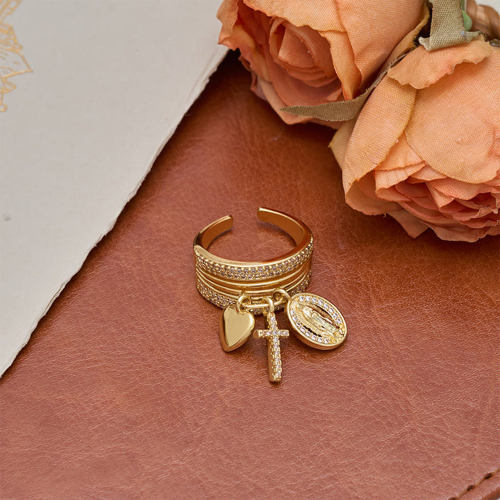 Christianartworkshop Zircon Virgin Mary Cross & Heart Charm Open Ring: A Symbol of Marian Grace and Sacred Love - image 7