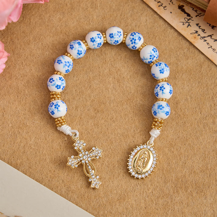 Christianartworkshop Blue Floral Porcelain Pocket Rosary with Elegant Our Lady & Cross - Our Lady & Cross - image 0