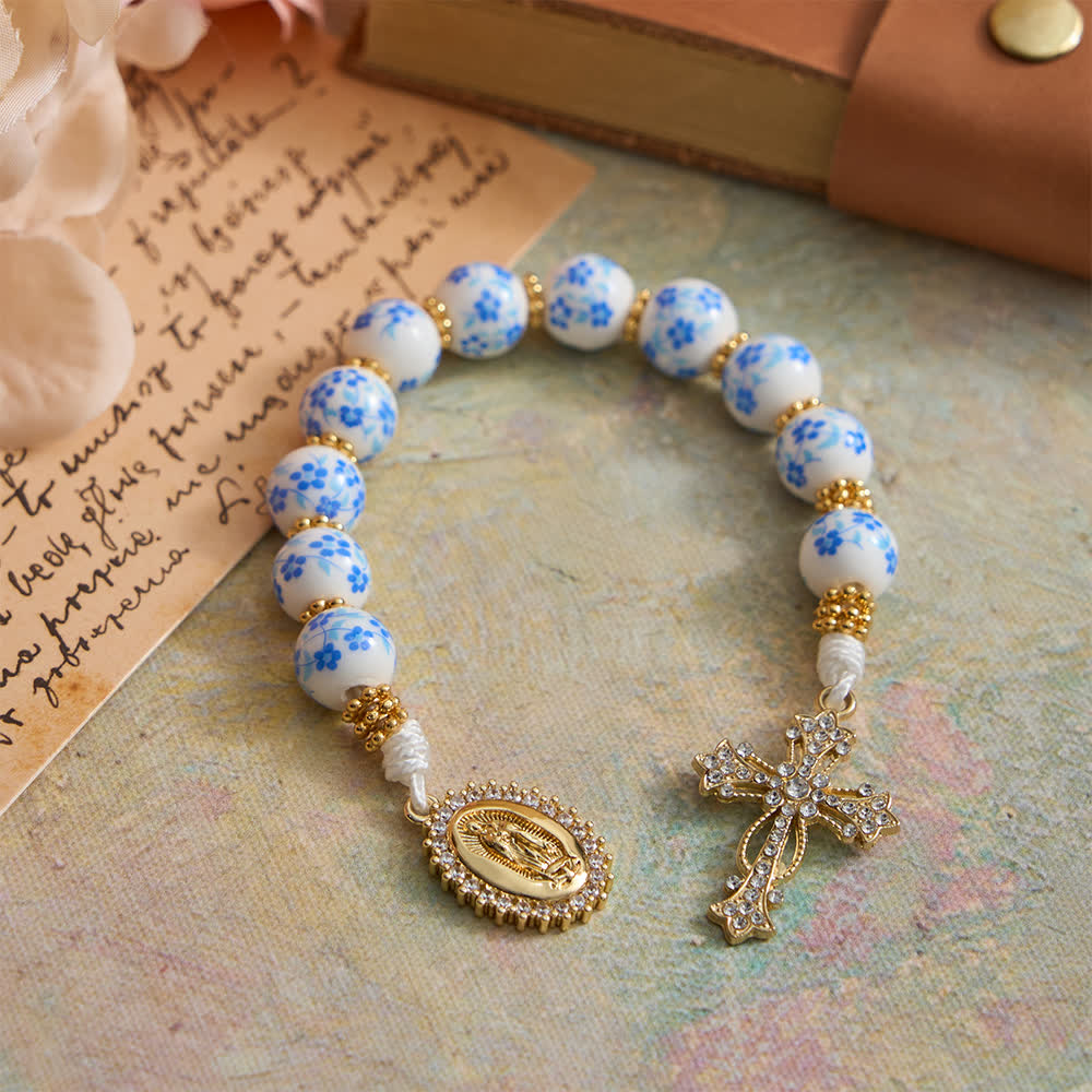 Christianartworkshop Blue Floral Porcelain Pocket Rosary with Elegant Our Lady & Cross - image 3