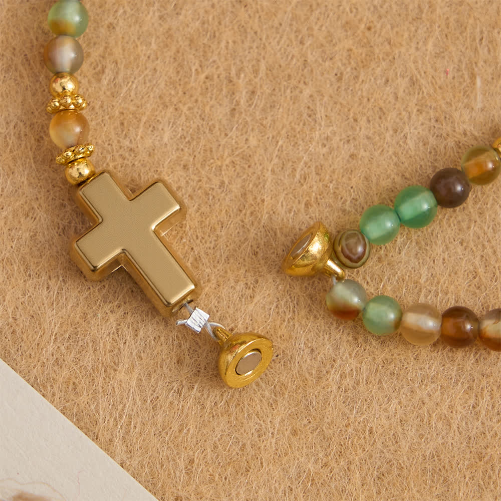 Christianartworkshop Peacock Agate Magnetic Rosary Bracelet with Golden St. Benedict - image 7