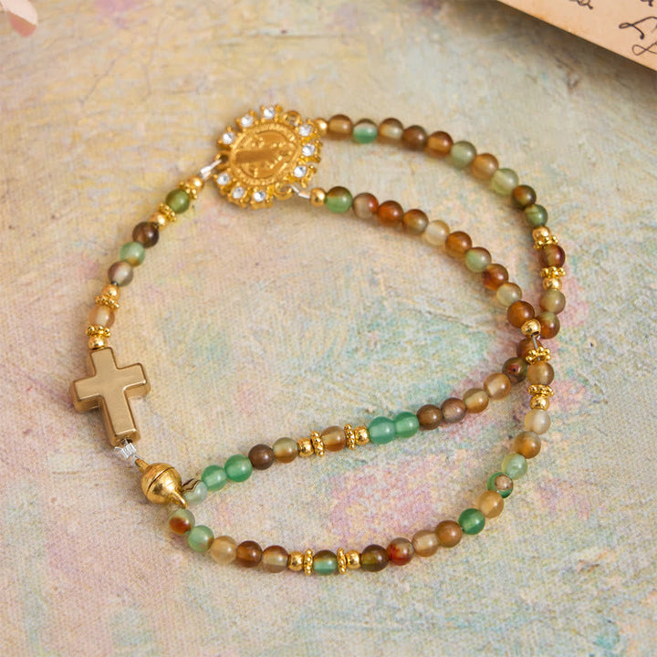 Christianartworkshop Peacock Agate Magnetic Rosary Bracelet with Golden St. Benedict - image 3