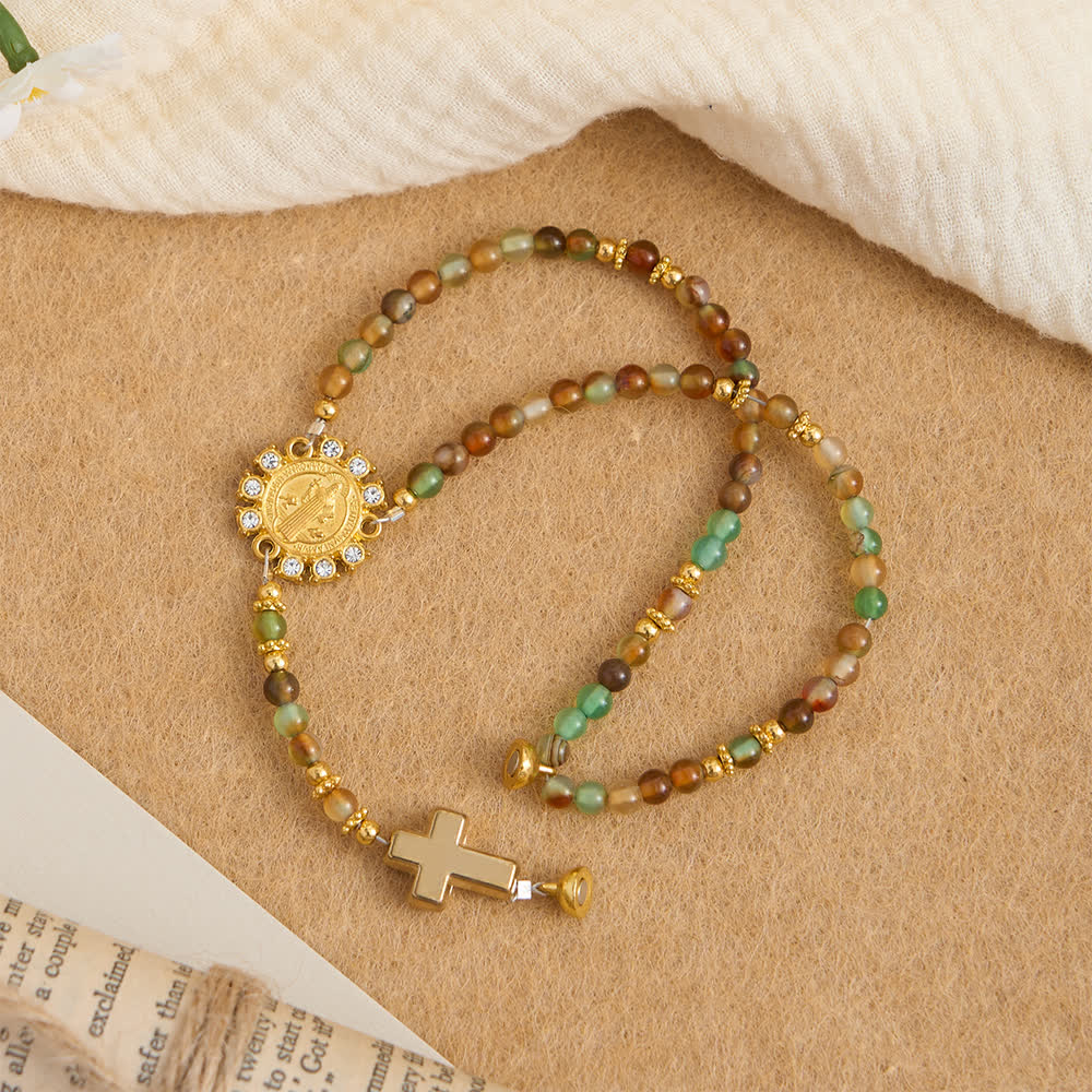 Christianartworkshop Peacock Agate Magnetic Rosary Bracelet with Golden St. Benedict - image 5
