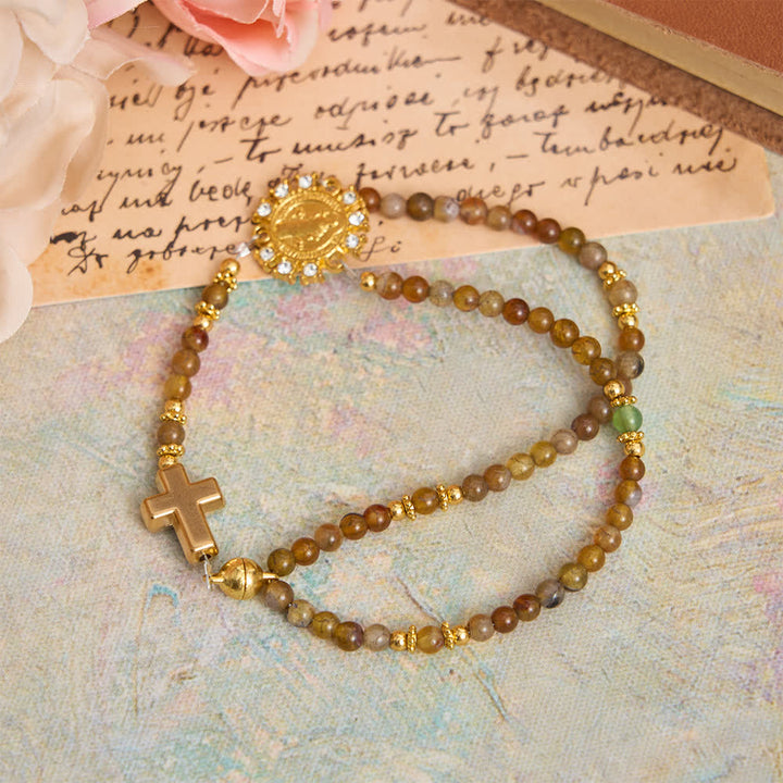 Christianartworkshop Dragon Vein Agate Magnetic Rosary Bracelet with Golden St. Benedict - Dragon Vein Agate(Wrist Circumference: 7.48"/19cm) - image 0