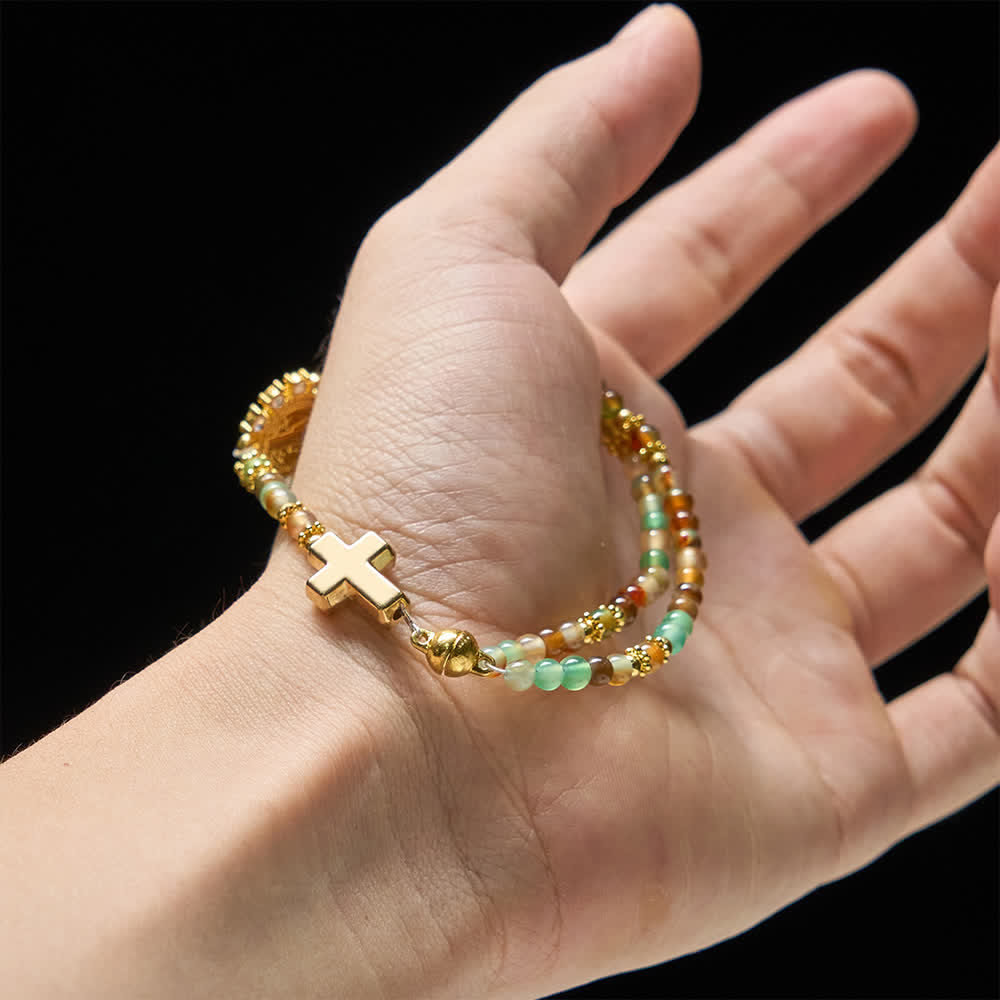 Christianartworkshop Peacock Agate Magnetic Rosary Bracelet with Golden St. Benedict - image 1