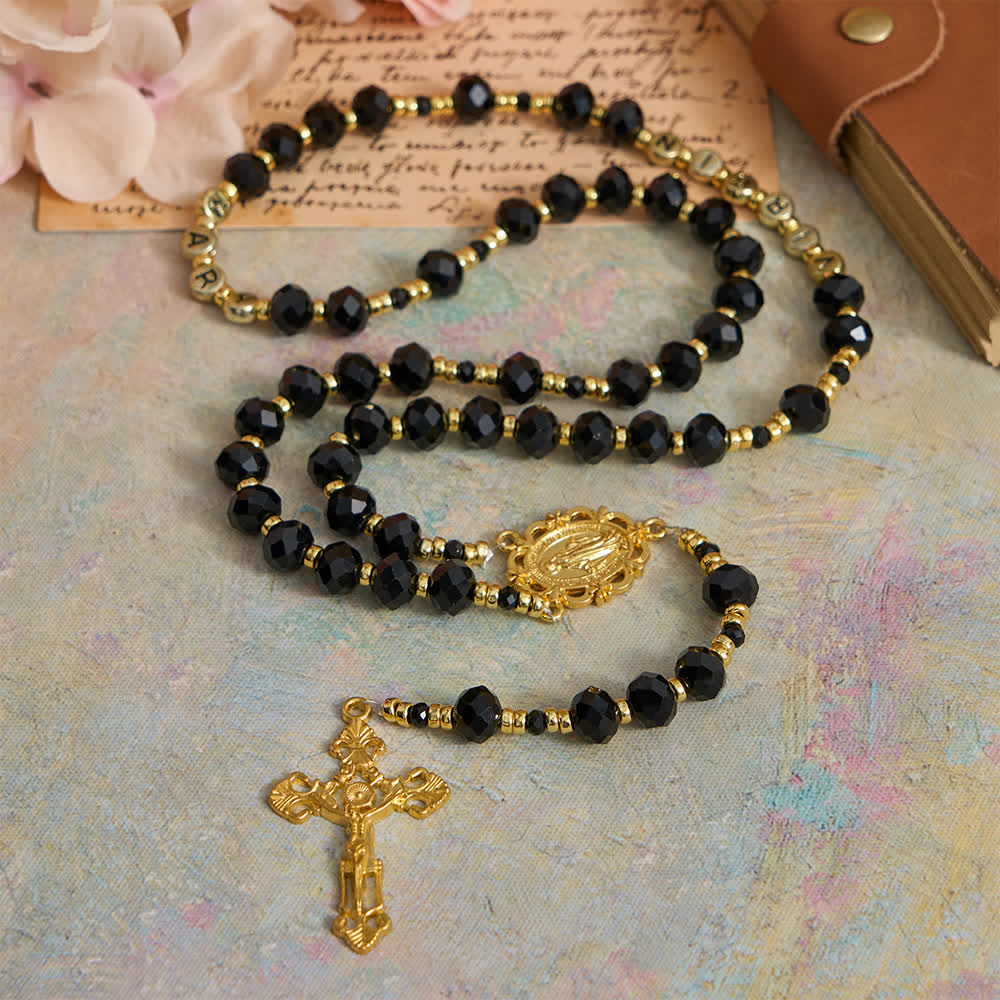 Christianartworkshop Black Faceted Glass Virgin Mary Rosary with Custom Name Letters for Mom - image 2