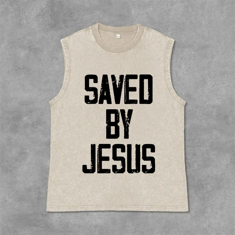 Christianartworkshop Saved By Jesus Unisex Washed Tank Top - Beige - 2XL - image 6