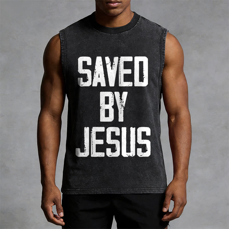 Christianartworkshop Saved By Jesus Unisex Washed Tank Top - image 10