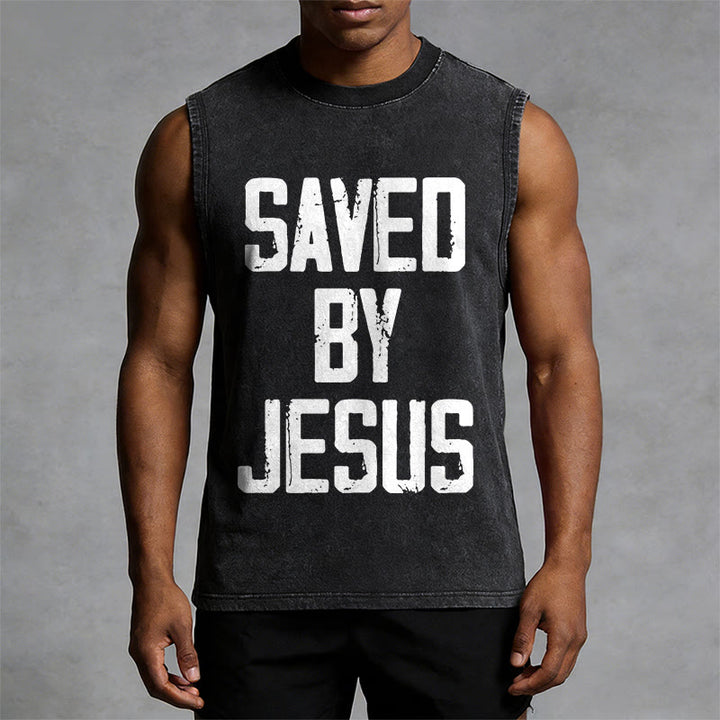 Christianartworkshop Saved By Jesus Unisex Washed Tank Top - image 10