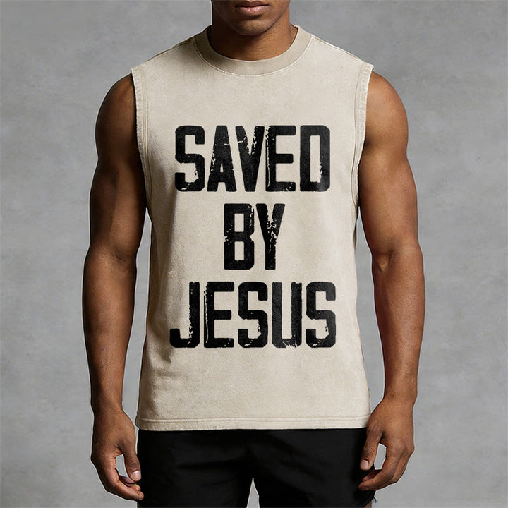 Christianartworkshop Saved By Jesus Unisex Washed Tank Top - image 7
