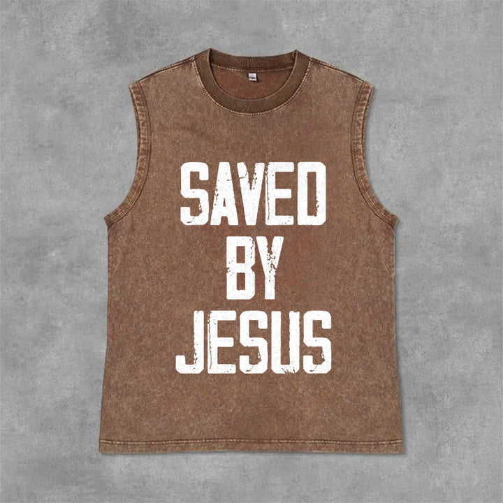 Christianartworkshop Saved By Jesus Unisex Washed Tank Top - Brown - 2XL - image 0