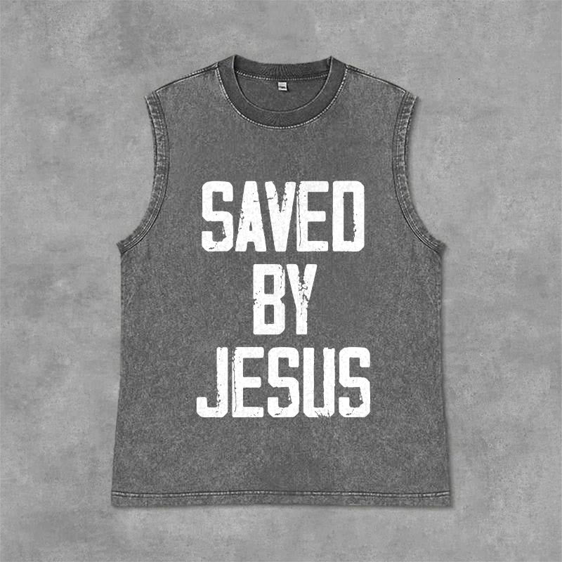 Christianartworkshop Saved By Jesus Unisex Washed Tank Top - Grey - 2XL - image 4