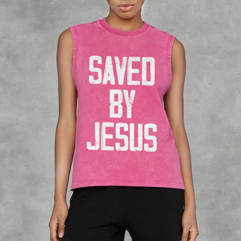 Christianartworkshop Saved By Jesus Unisex Washed Tank Top - image 14