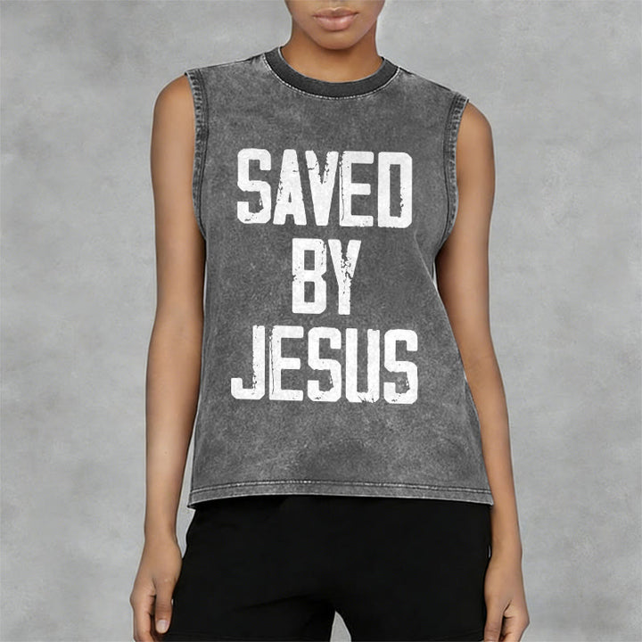 Christianartworkshop Saved By Jesus Unisex Washed Tank Top - image 5