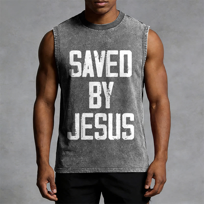 Christianartworkshop Saved By Jesus Unisex Washed Tank Top - image 4