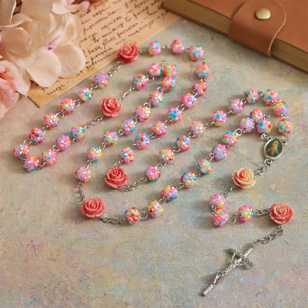 Christianartworkshop Easter Pink Rose & Sparkling Multicolor Diamond Beads Rosary with Divine Mercy - image 1
