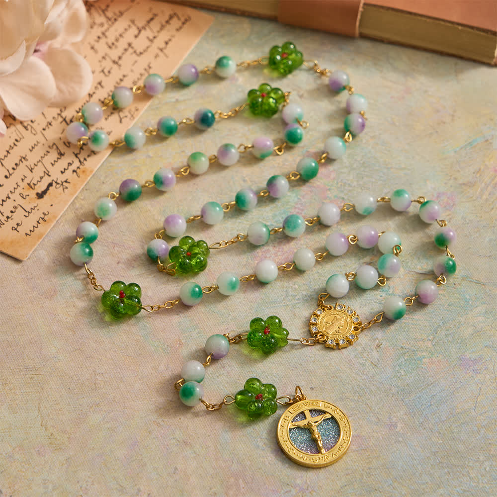 Christianartworkshop Violet Chalcedony Beads with Green Flower St. Benedict Rosary with Sparkling Crucifix - St. Benedict & Crucifix - image 0