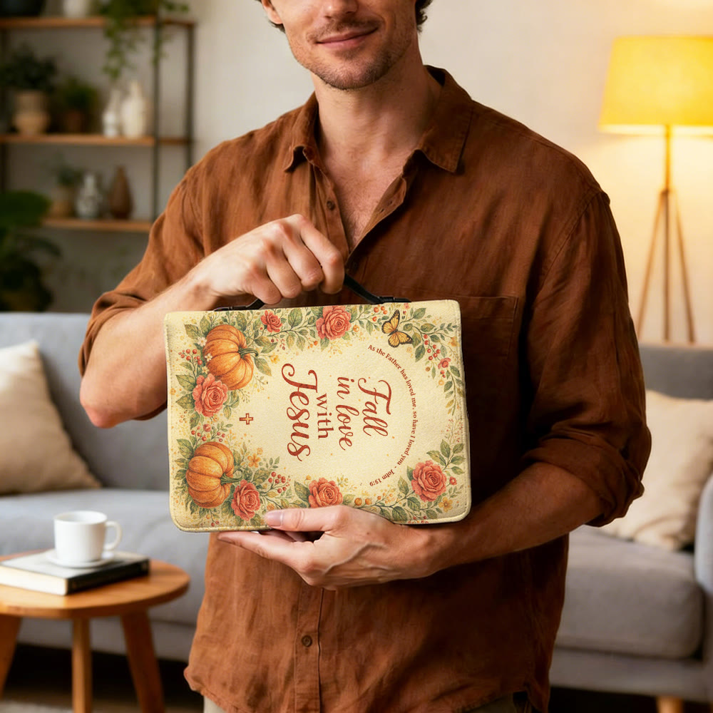 Christianartworkshop Fall in Love with Jesus Floral & Pumpkin Zippered Bible Cover - image 3